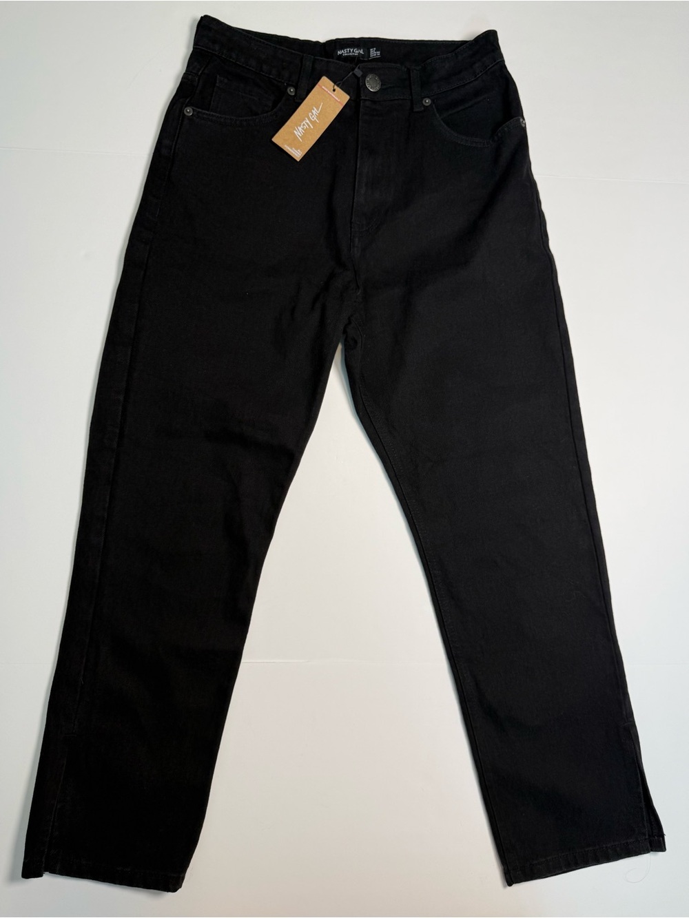NWT Nasty Gal Women's Black Organic Cotton Denim Split Hem Mom Jeans Size 8